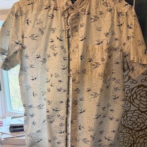 100% cotton men’s Light Beige Short Sleeve Button-Up with Blue Bird Print